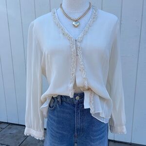 Laura Ashley Cream 100% Silk Ruffle Top Size 10